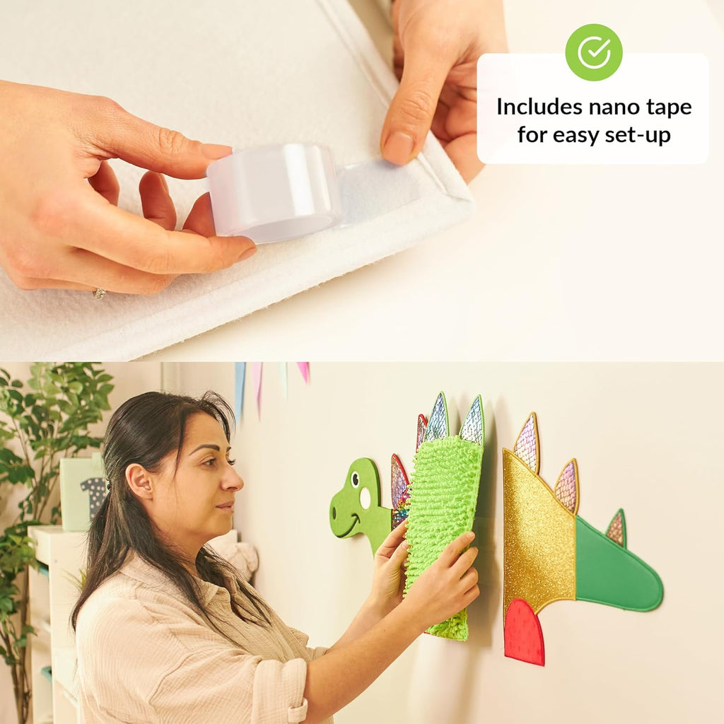 Woman hanging colorful dinosaur-shaped decorations on a wall with text about nano tape.