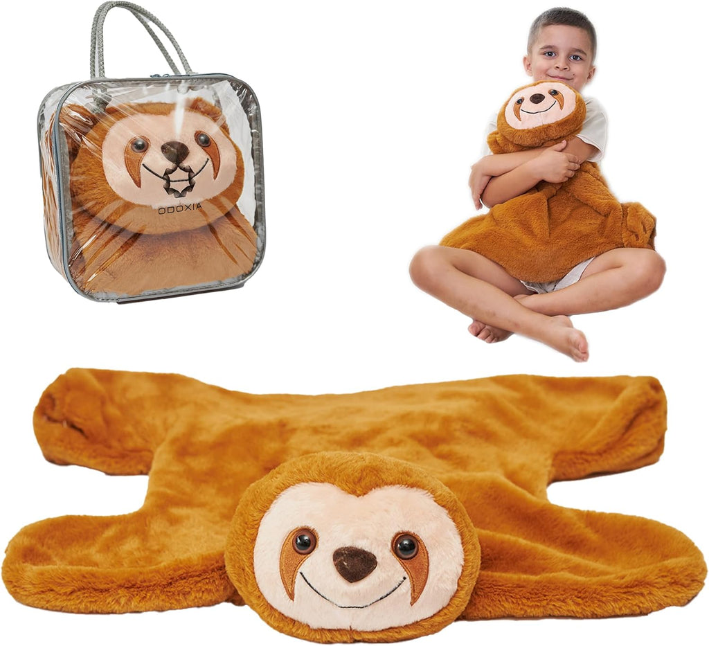 Weighted sloth plush sloth toy with smiling face, and a see-trough carry bag