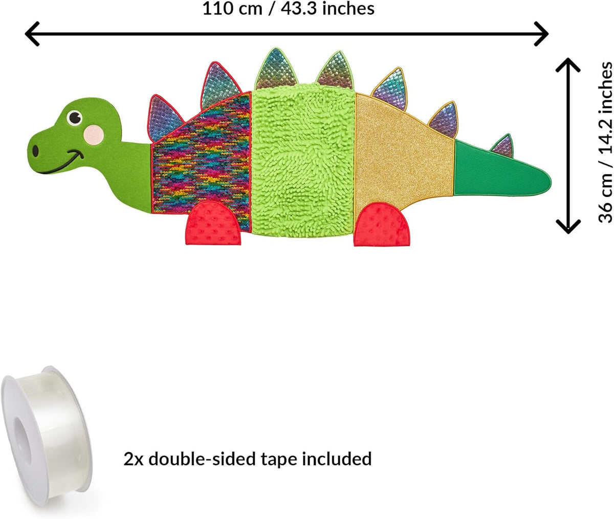 Colorful dinosaur-shaped wall mat with dimensions and double-sided tape included on a white background