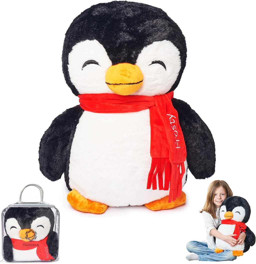 Weighted plush pinguin toy including the toy itself, a carrying case, and a child holding the toy.