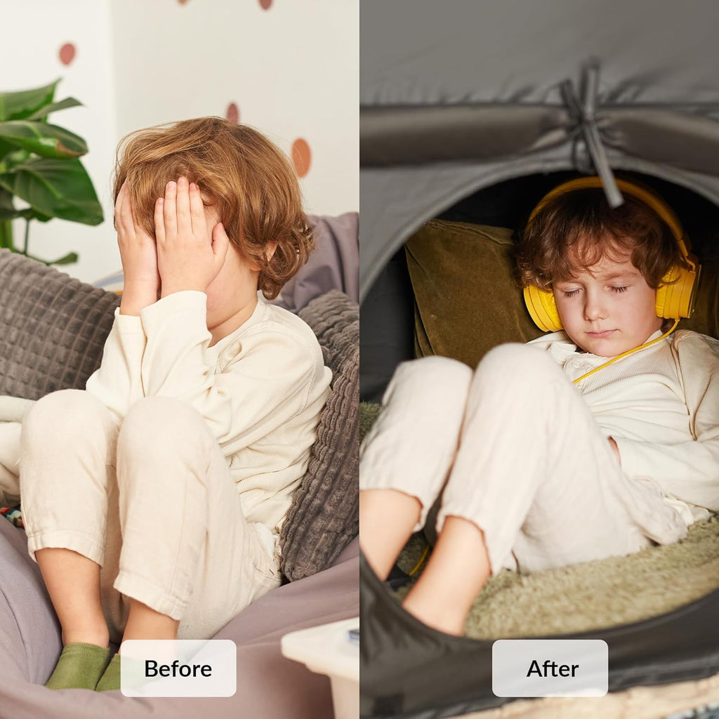 Before and after comparison of a child calming in a sensory tent.