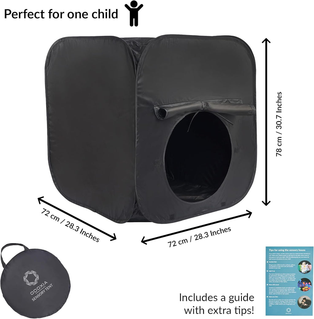 Black children's play tunnel with dimensions and product details on a white background