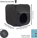 Black children's play tunnel with dimensions and product details on a white background