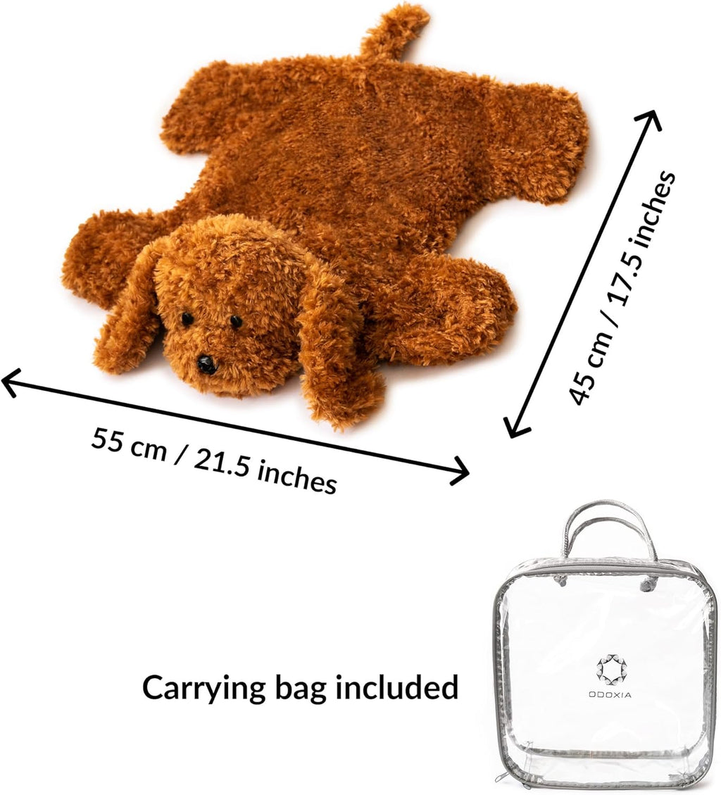 Brown dog-shaped plush with dimensions and a carrying bag on a white background