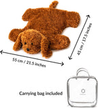 Brown dog-shaped plush with dimensions and a carrying bag on a white background