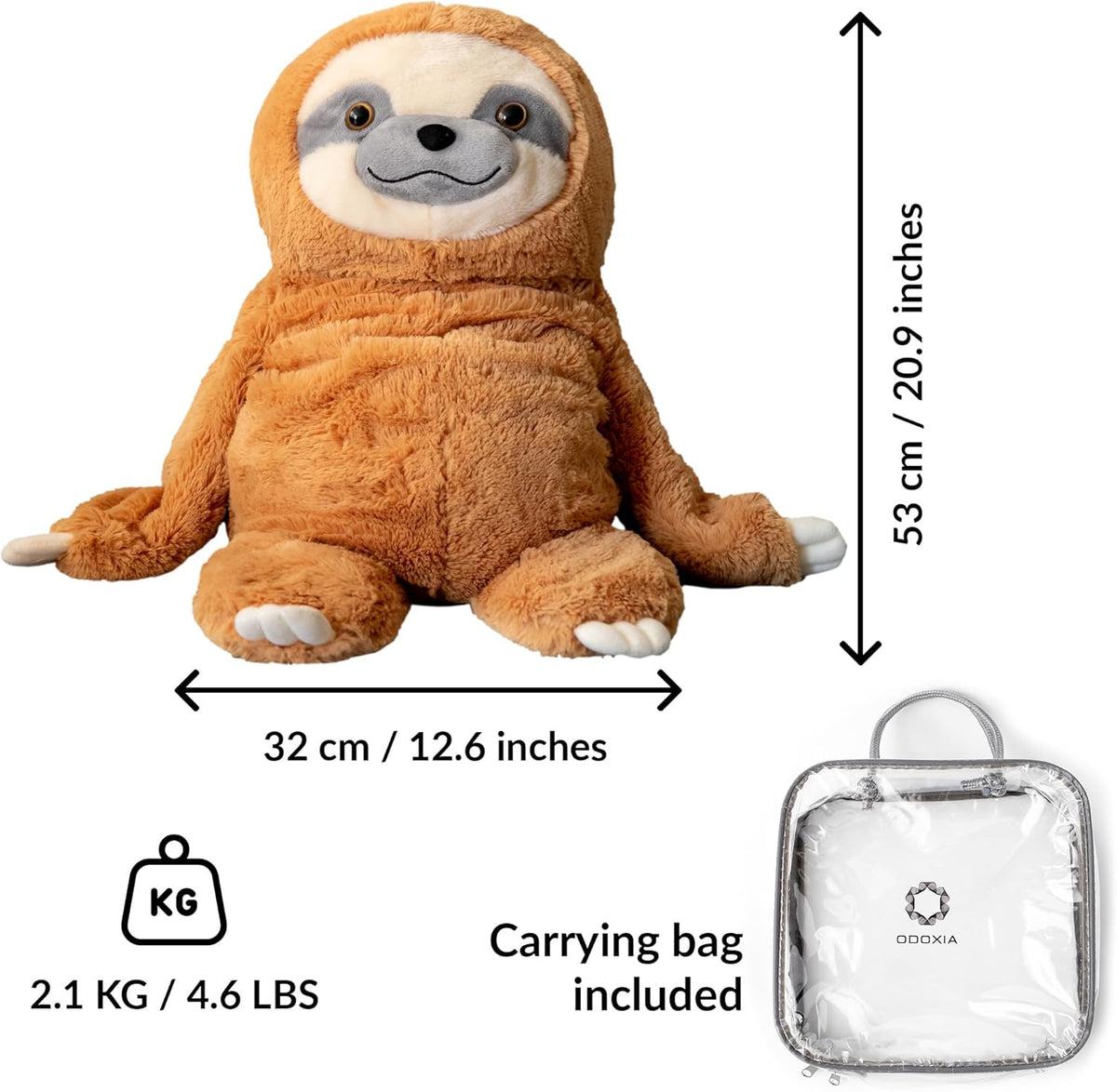 Plush sloth toy with dimensions and carrying bag on a white background