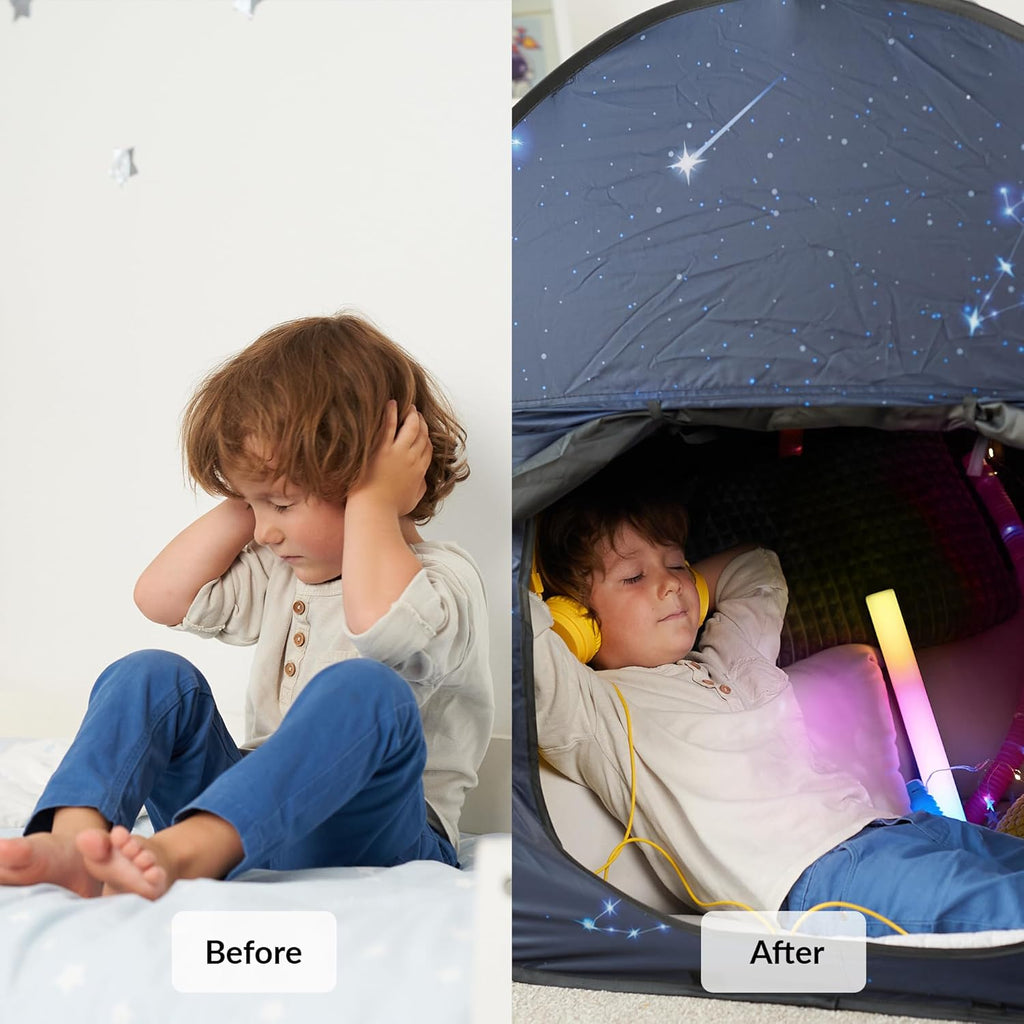 Before and after comparison of a special needs child in a sensory tent