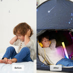 Before and after comparison of a special needs child in a sensory tent
