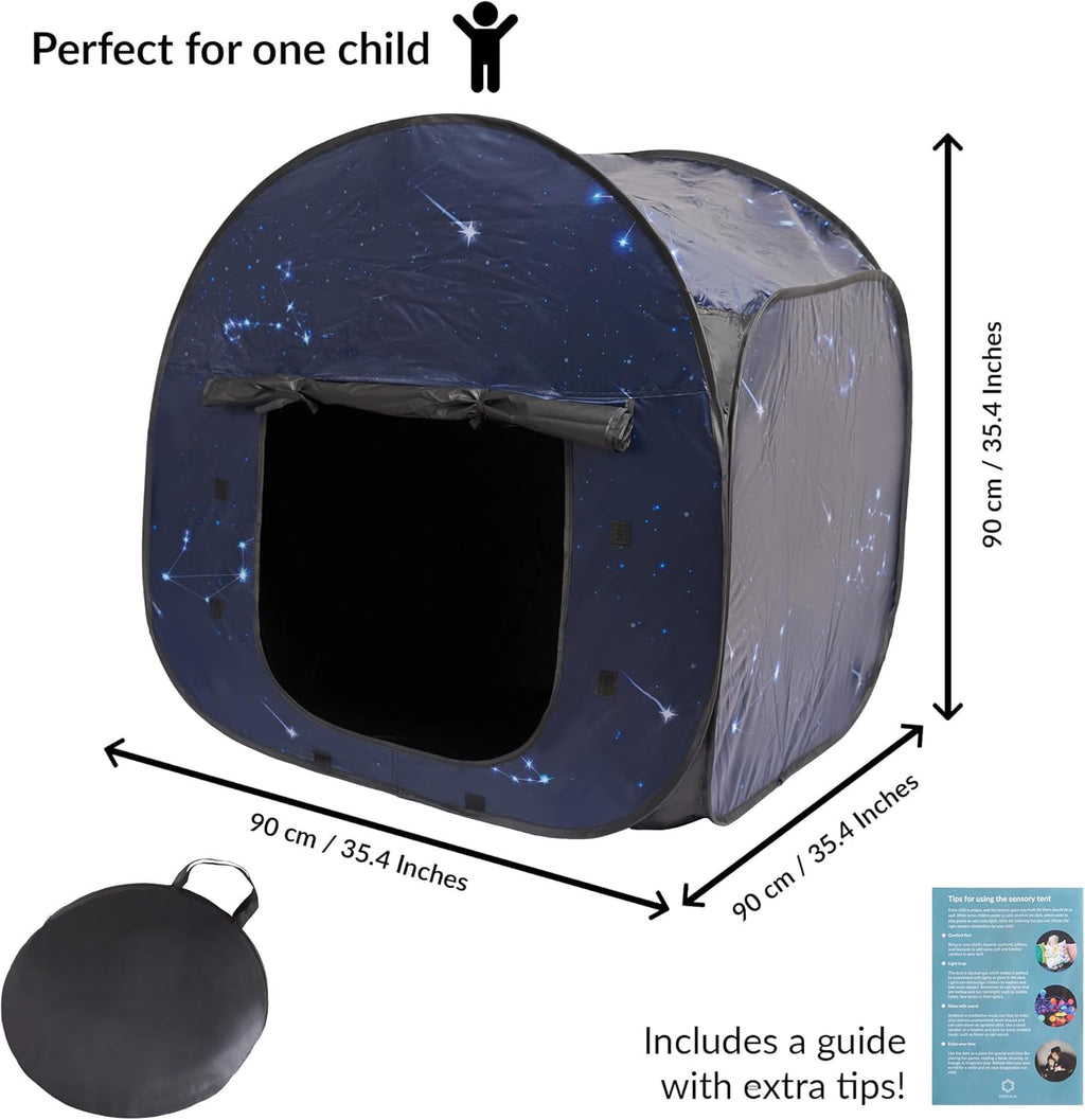 Autistic children's play tent with starry design, dimensions, and carrying bag shown.