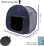 Autistic children's play tent with starry design, dimensions, and carrying bag shown.