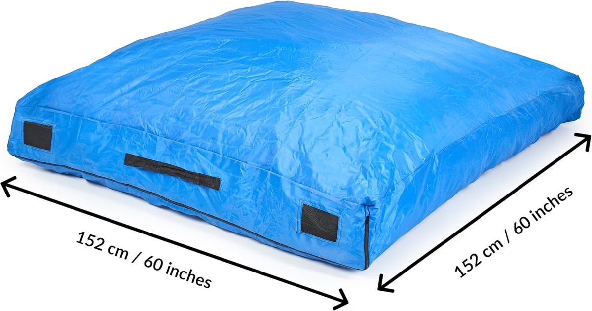 Blue mat with dimensions indicated on a white background