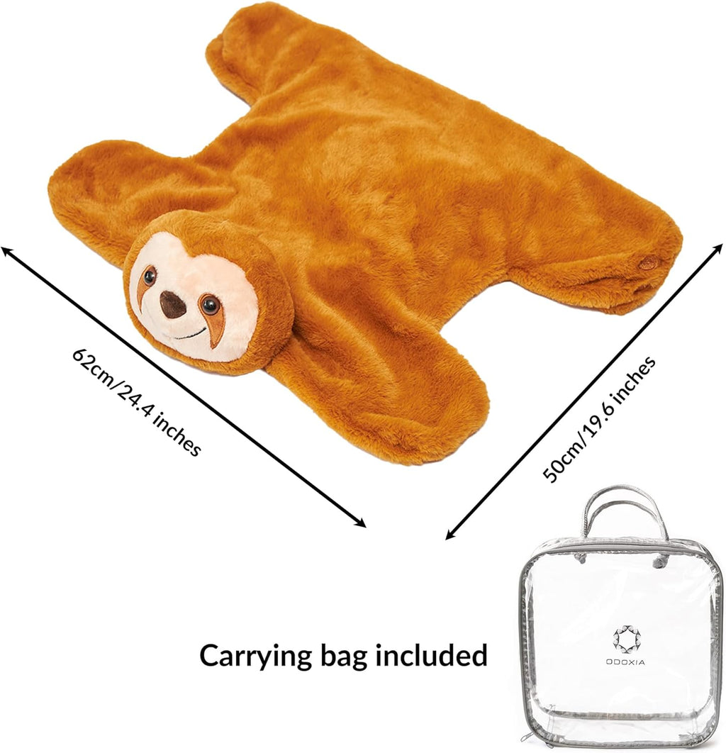 Brown sloth-shaped plush with dimensions and a carrying bag included on a white background