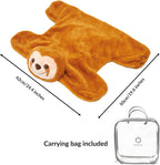 Brown sloth-shaped plush with dimensions and a carrying bag included on a white background