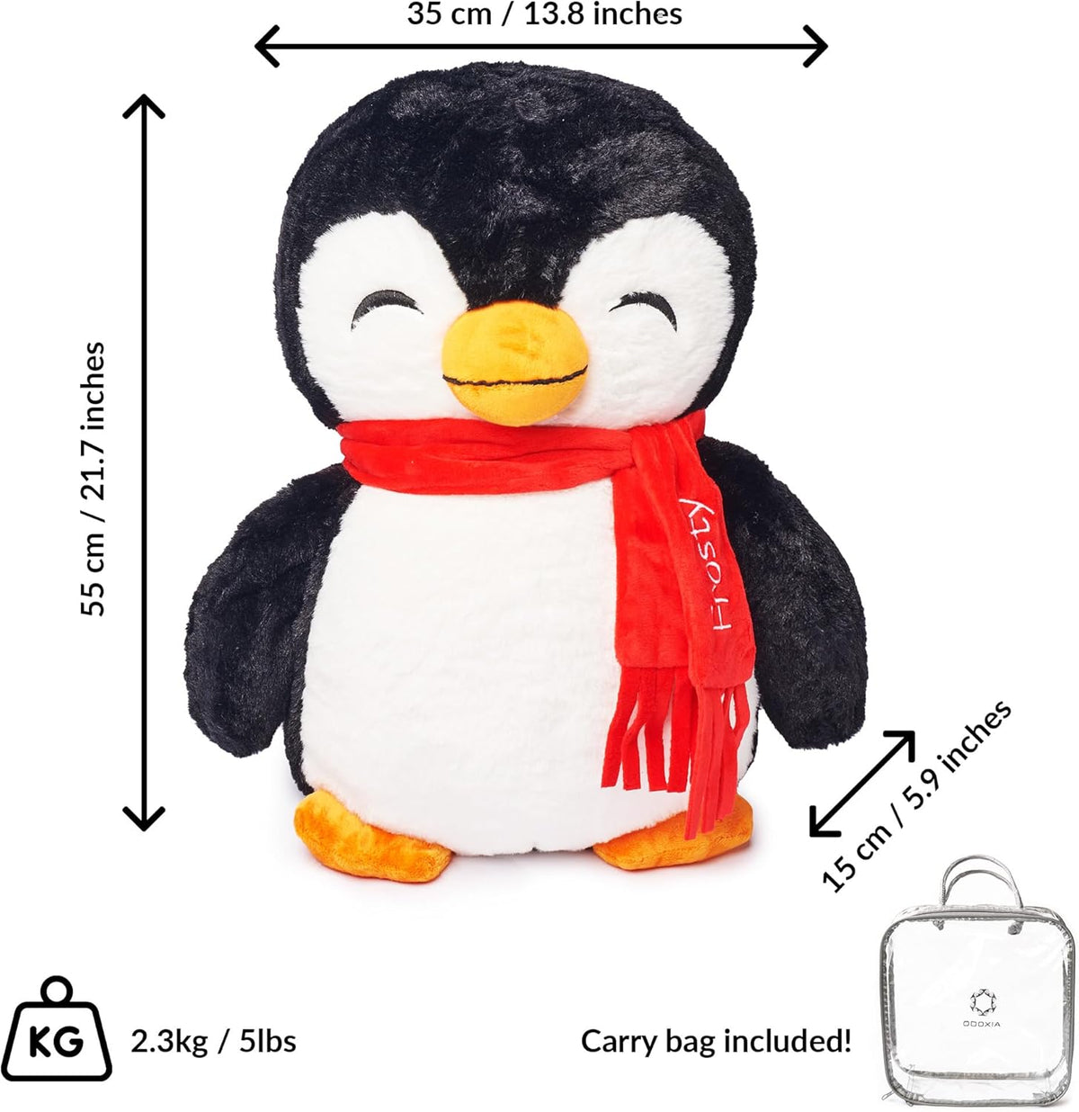 Plush penguin toy with a red scarf, measurements, and carrying bag included.
