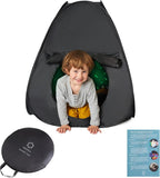 Child peeking out from a black play tent with carrying case and instructions on a white background