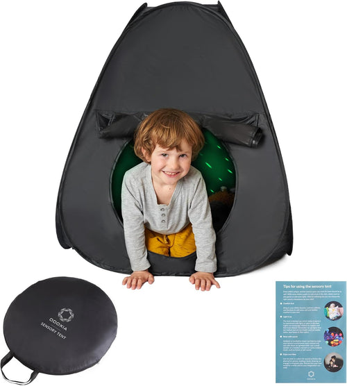 Child peeking out from a black play tent with carrying case and instructions on a white background