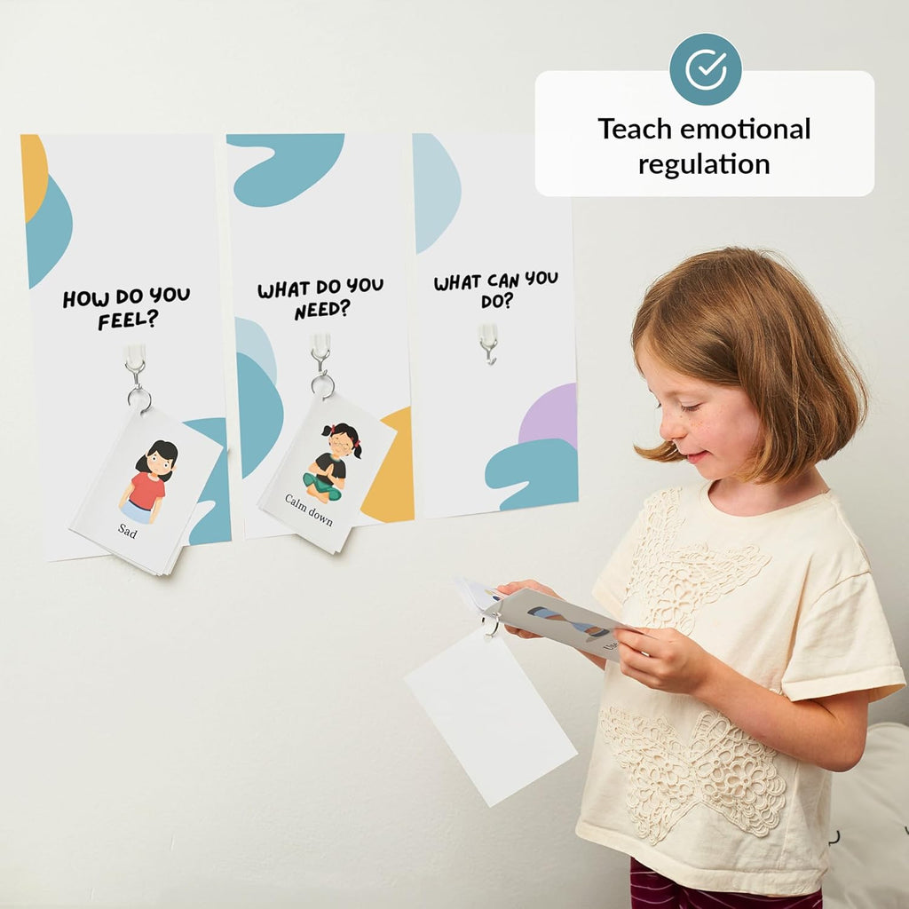 Child looking at posters on a wall with educational text