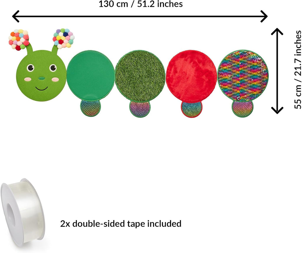 Colorful caterpillar-shaped wall decal with dimensions and double-sided tape included.