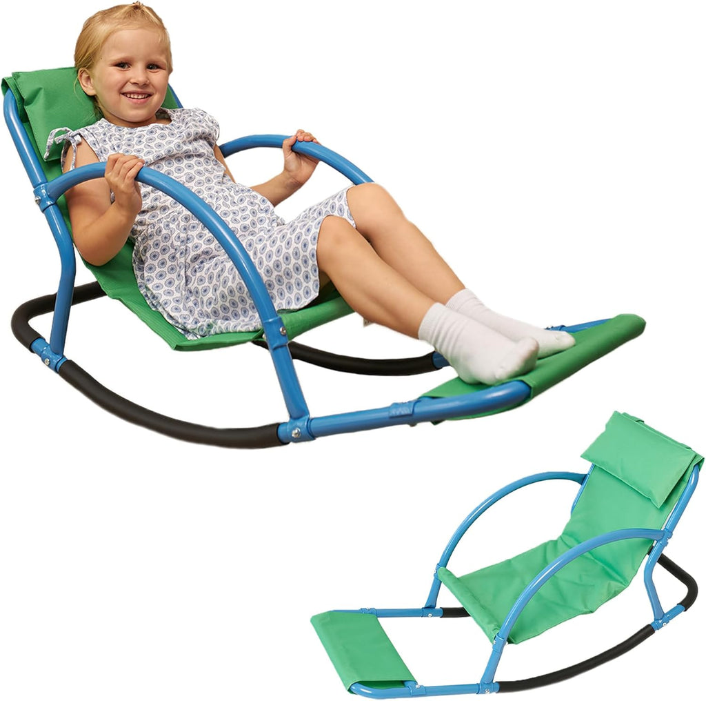 Child sitting in a green and blue sensory rocking chair.
