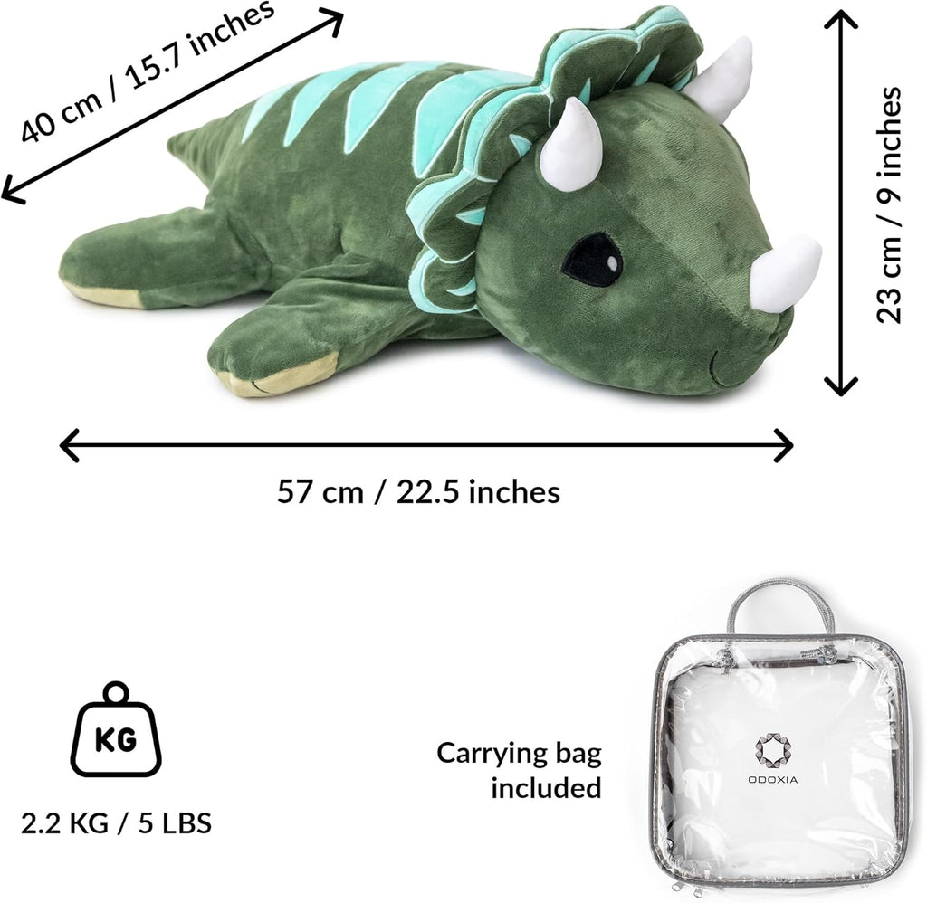 Plush dinosaur toy with measurements and a carrying bag on a white background