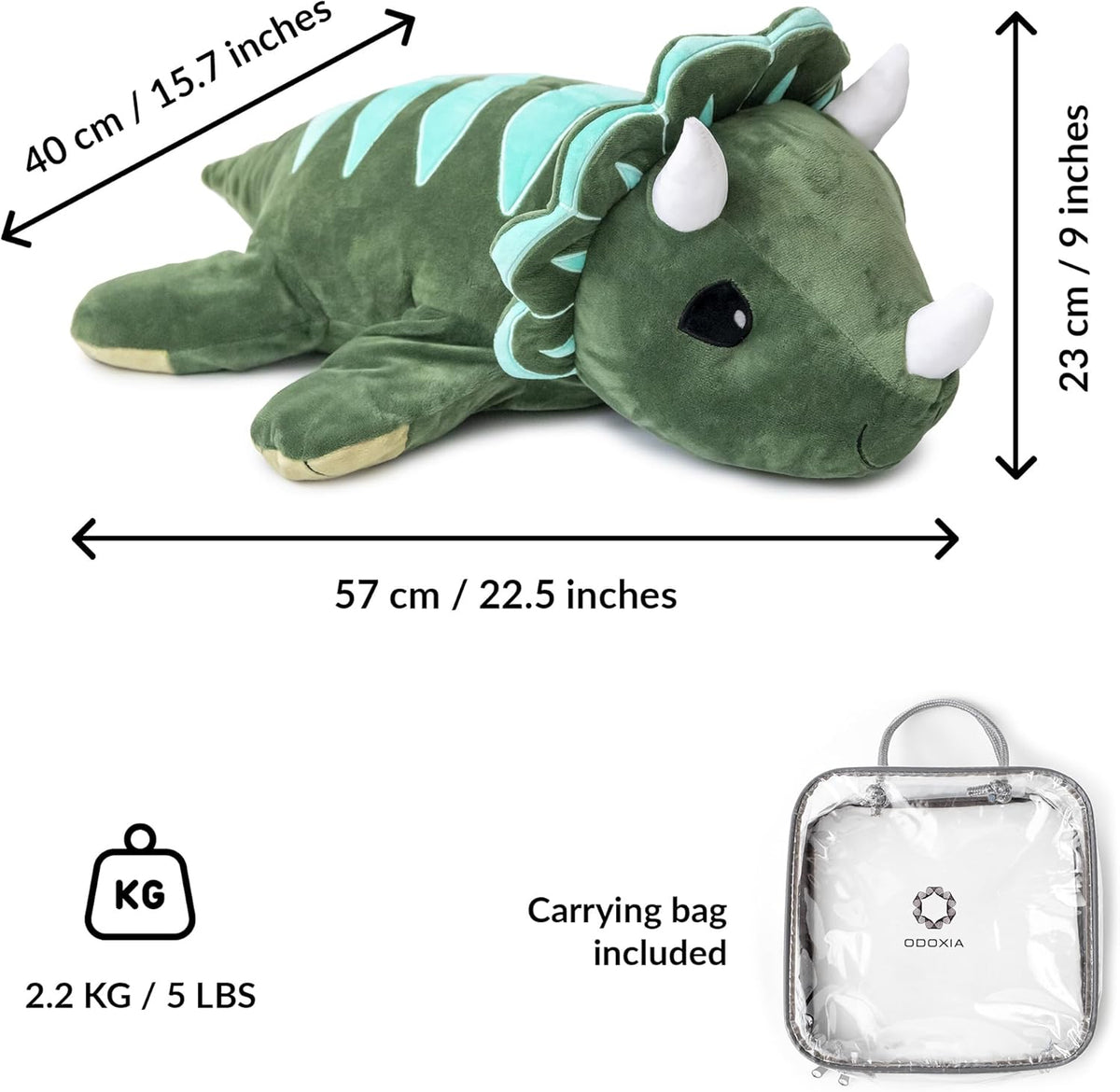 Plush dinosaur toy with measurements and a carrying bag on a white background