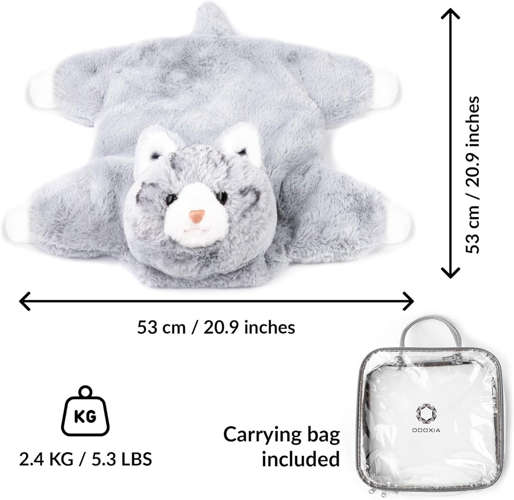 Gray weighted plush toy with dimensions and carrying bag included on a white background
