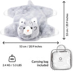 Gray weighted plush toy with dimensions and carrying bag included on a white background