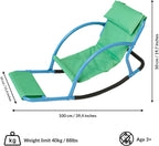 Green and blue children's rocking chair with dimensions and weight limit displayed.