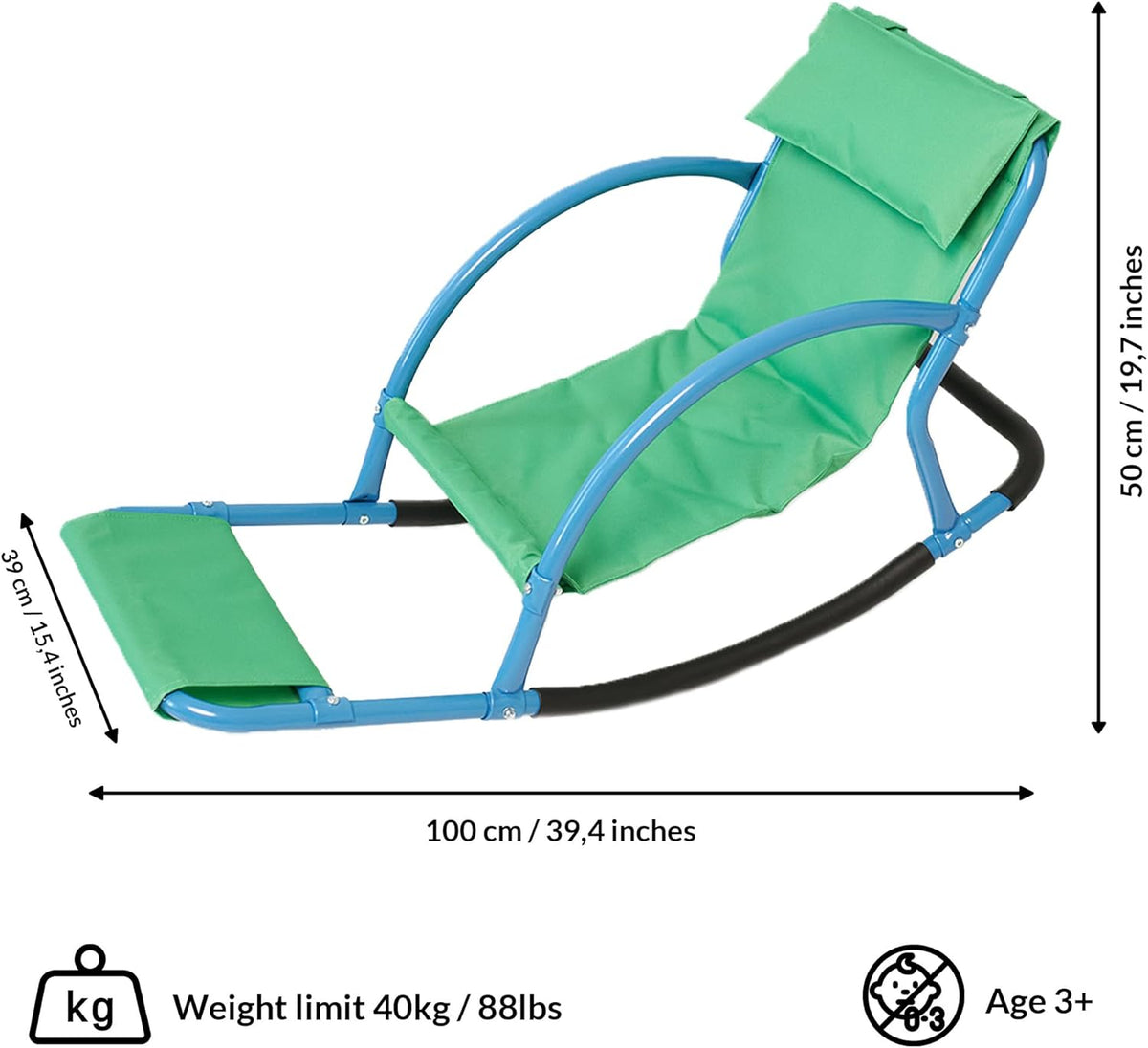 Green and blue children's rocking chair with dimensions and weight limit displayed.
