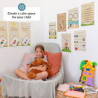Child sitting on a couch with a weighted plush, surrounded by calming posters on the wall.