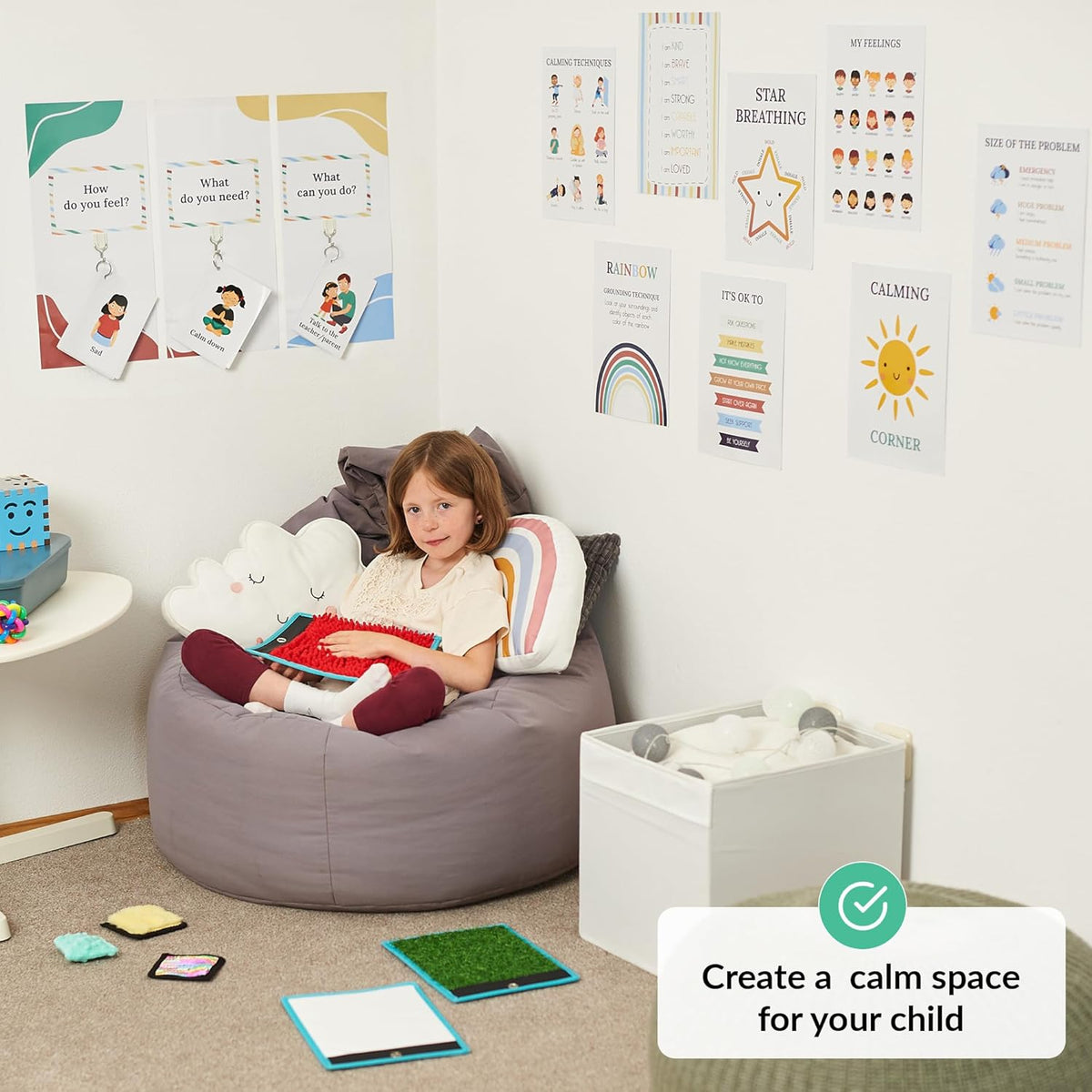 Child sitting on a bean bag in a room with educational posters and toys, promoting a calm space for children.