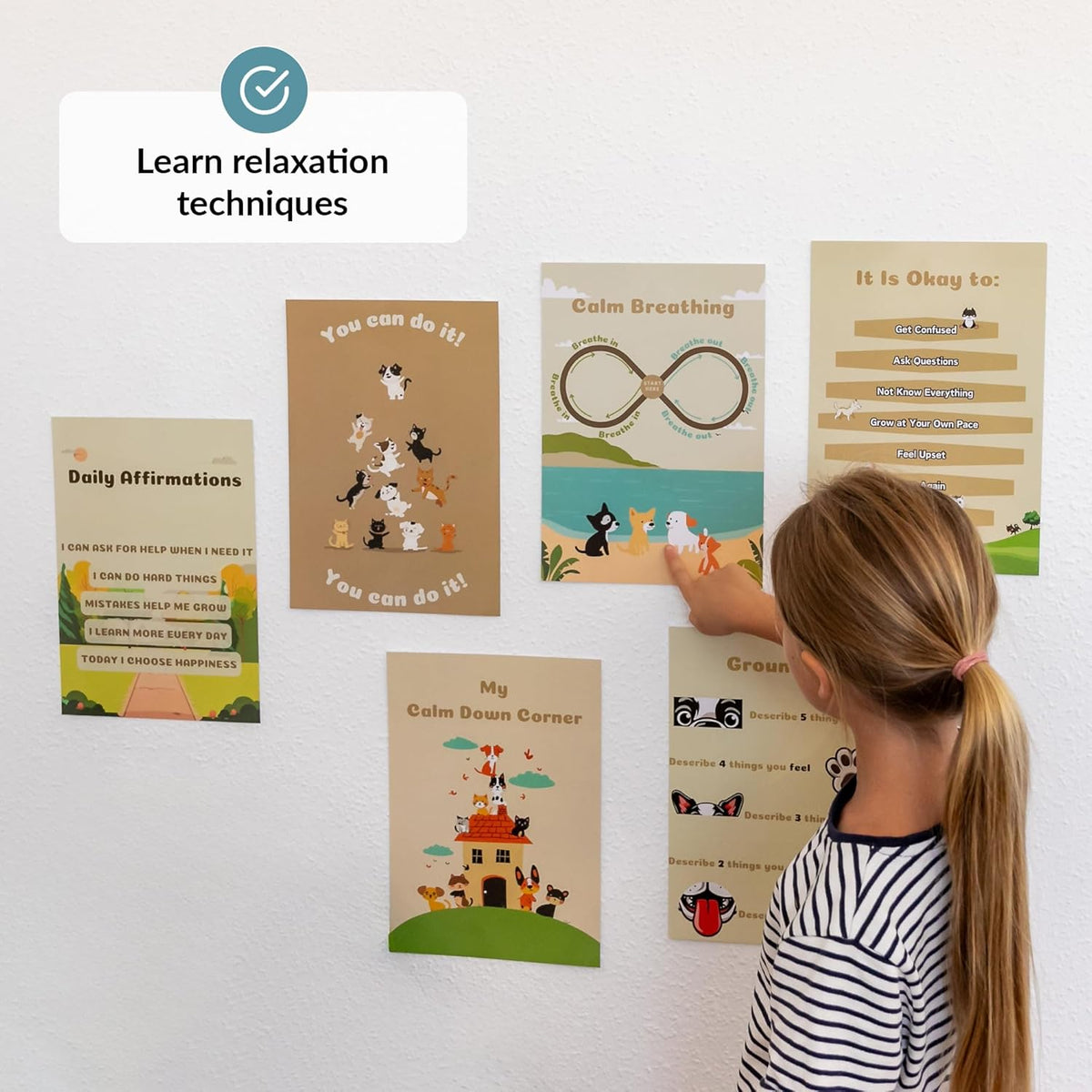 Child looking at educational posters on a wall about relaxation techniques.
