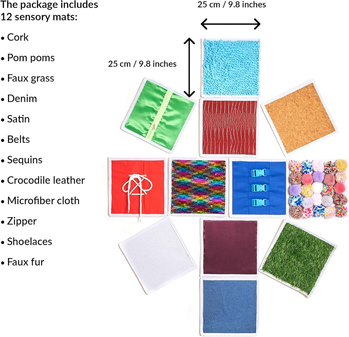 Collection of various sensory wall panels with dimensions and a list of included items on a white background.