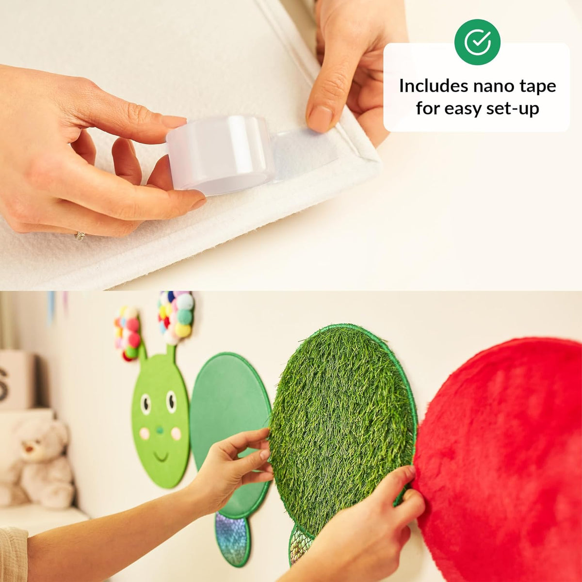 Hands applying sensory wall toys.
