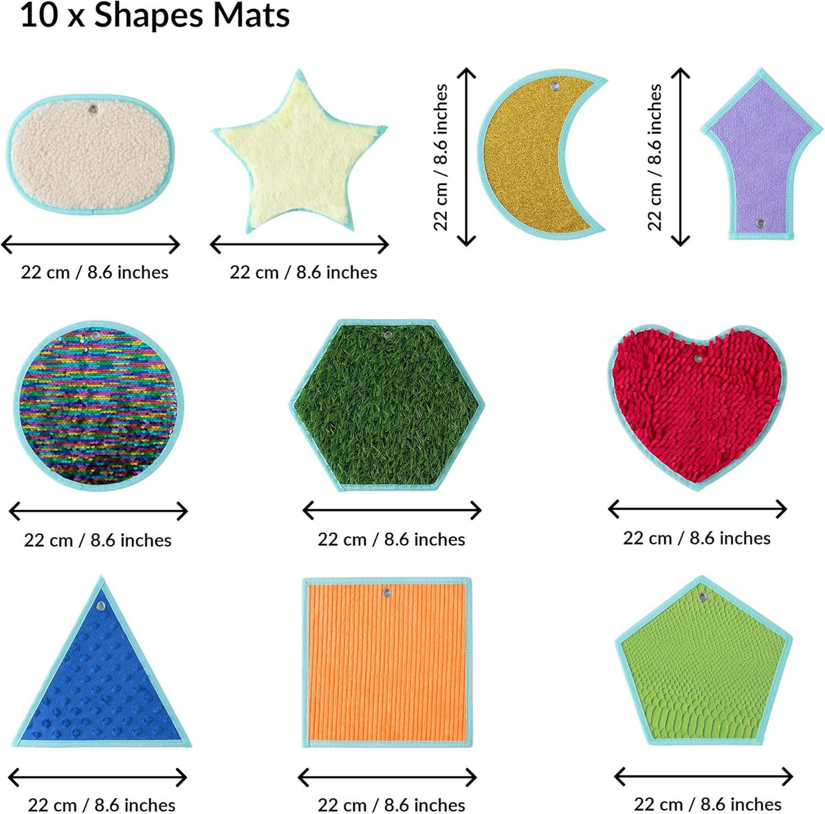 Set of 10 colorful shaped sensory mats with dimensions indicated