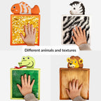 Children's hands interacting with animal-themed textured blocks on a white background.