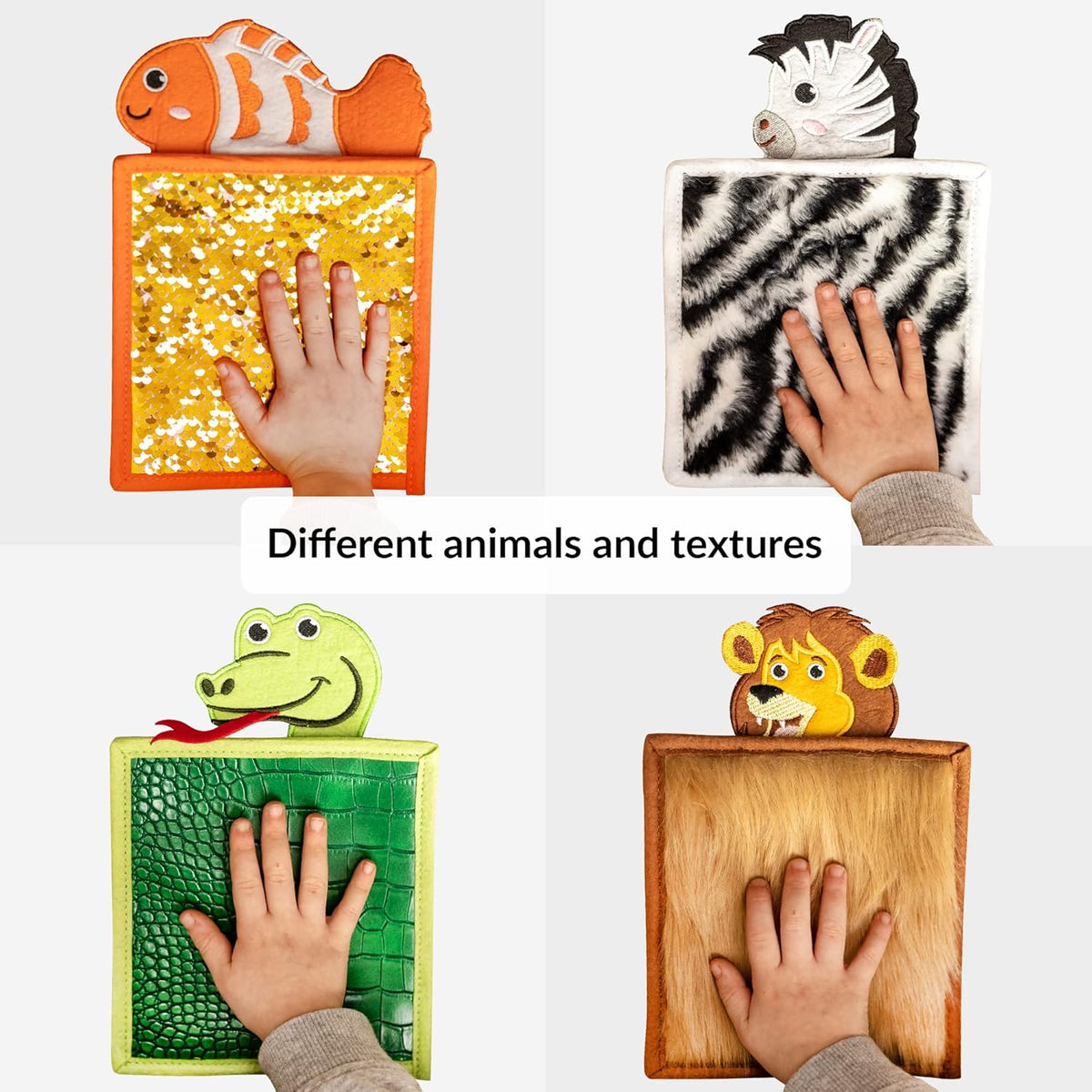 Children's hands interacting with animal-themed textured blocks on a white background.