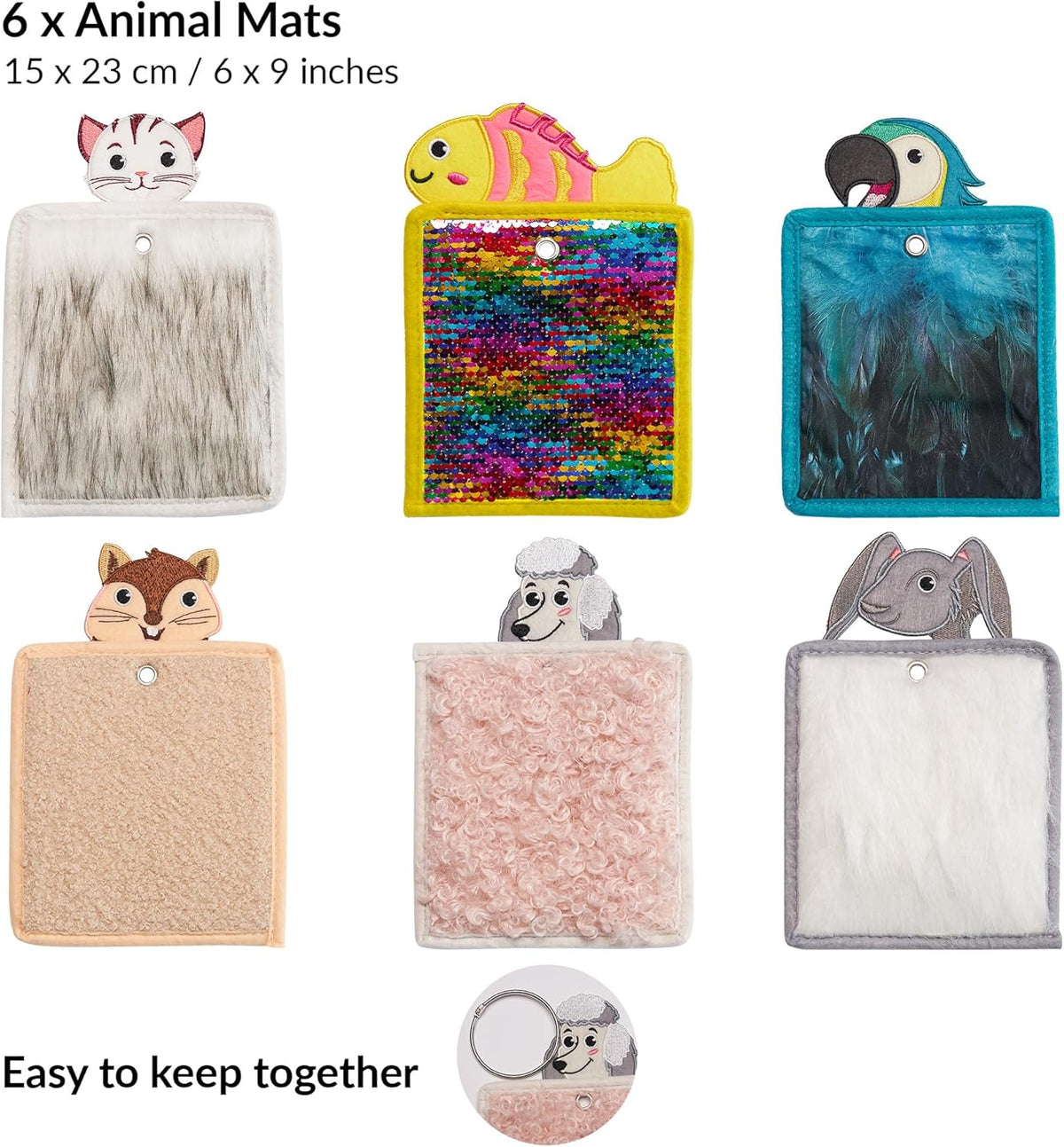 Set of six animal-themed sensory mat equipment with various textures and colors on a white background.