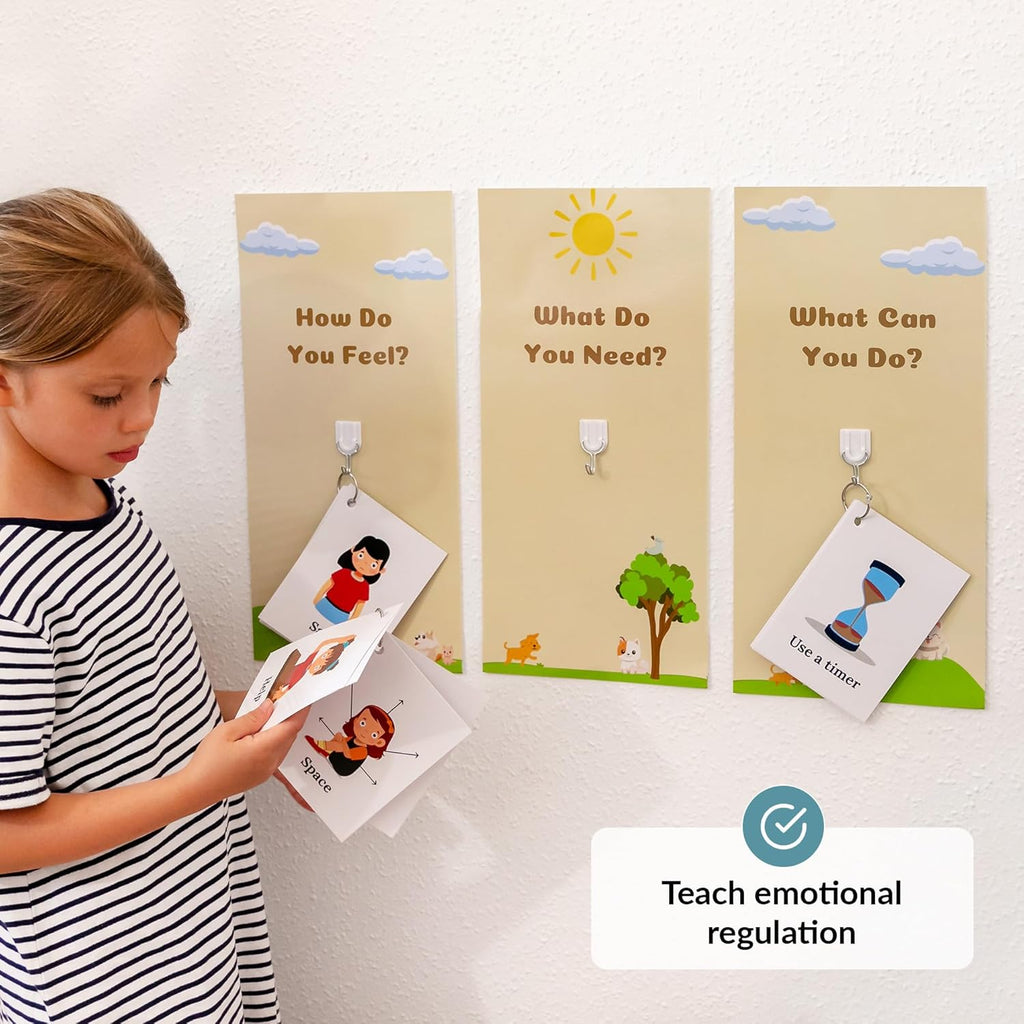 Child looking at calm down corner on a wall with educational prompts.