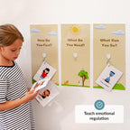 Child looking at calm down corner on a wall with educational prompts.