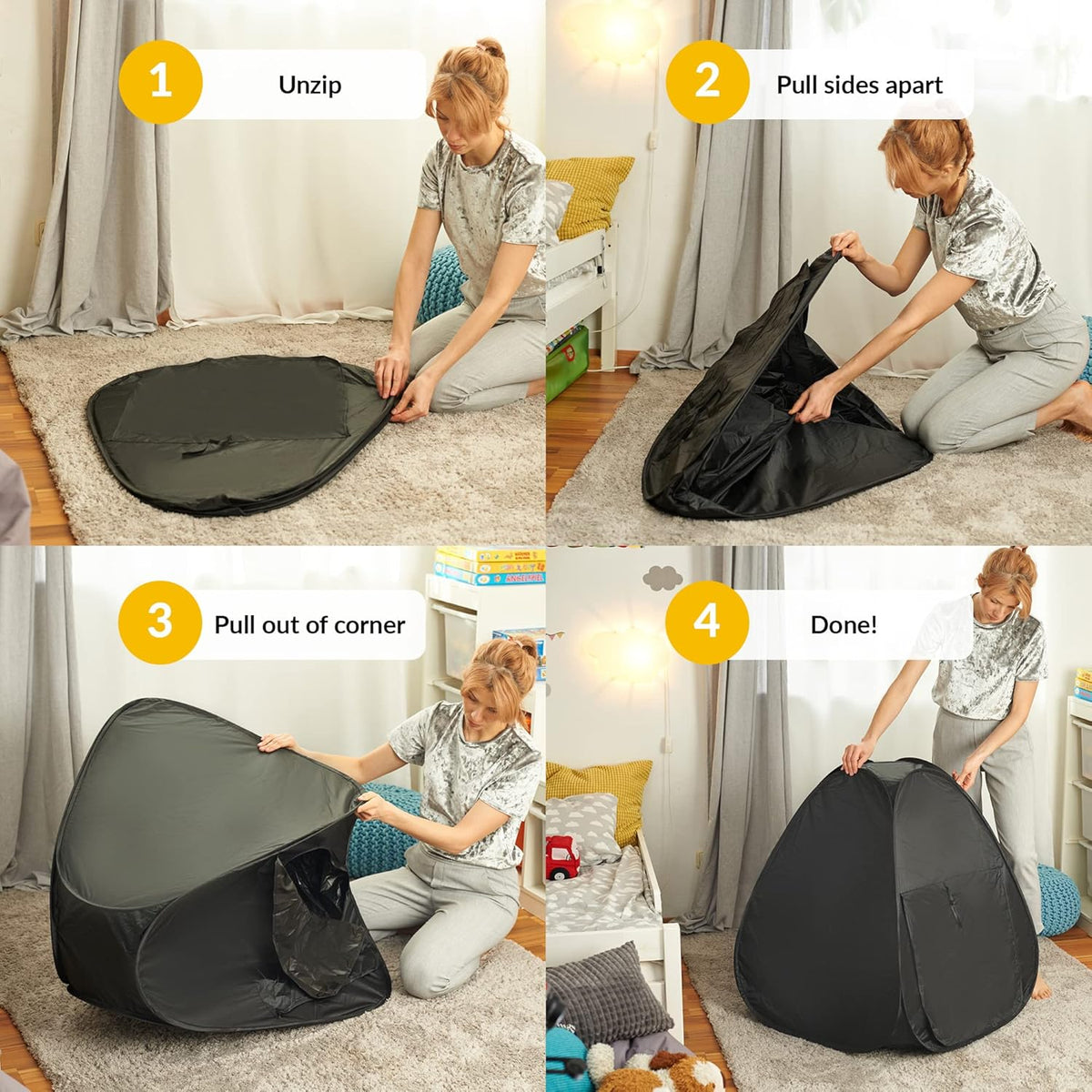 Step-by-step guide on how to use a black pop-up sensory tent with a person demonstrating each step.