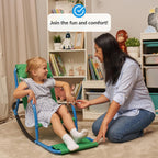 Mom assisting a child in a sensory chair in a home setting with books and toys in the background.