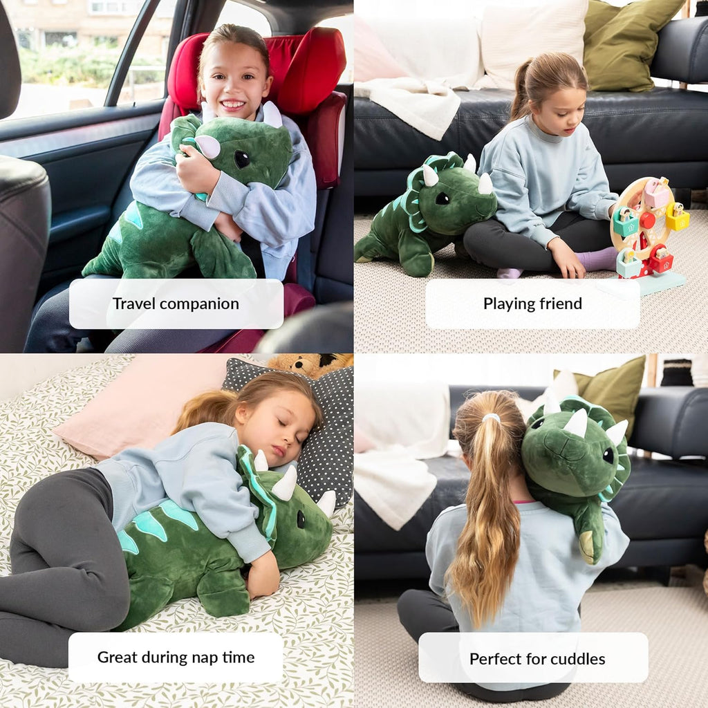 Collage of a child holding and playing with a green dinosaur plush toy in various settings.