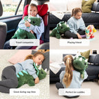 Collage of a child holding and playing with a green dinosaur plush toy in various settings.