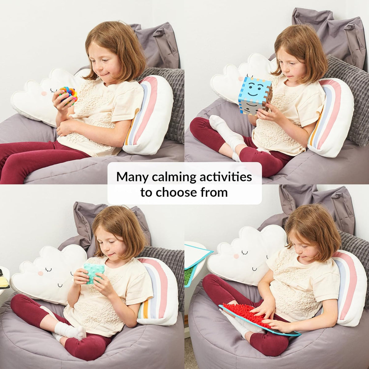 Collage of a child using various educational toys and devices on a bean bag chair with text 'Many calming activities to choose from'.