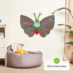 Colorful butterfly wall decoration in a room.