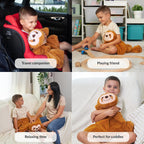 Collage of a child with a sloth plush toy in various settings labeled as travel companion, playing friend, relaxing time, and perfect for cuddles.