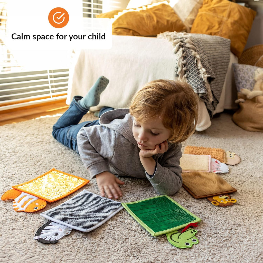 Child playing with educational sensory toys on a carpeted floor, with text 'Calm space for your child' in the background.
