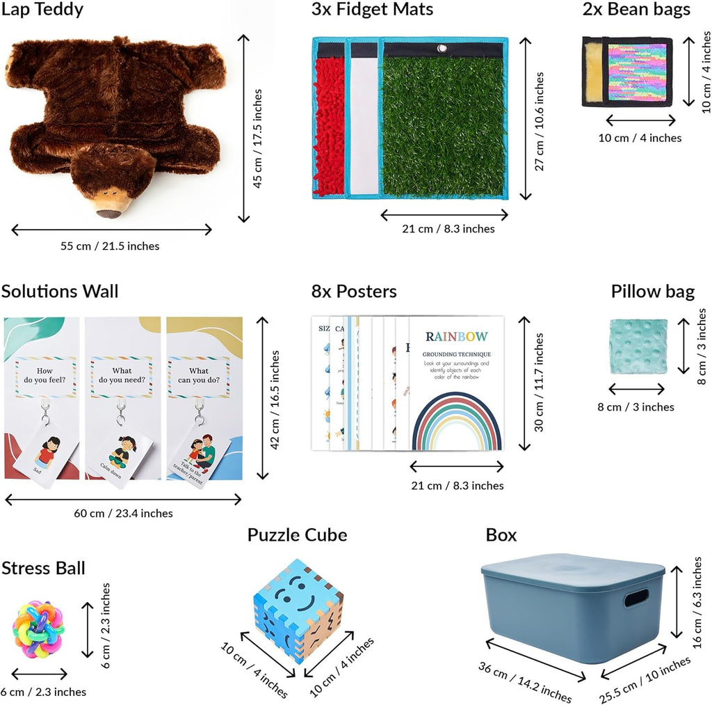 Collage of educational and calming products with dimensions