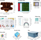 Collage of educational and calming products with dimensions